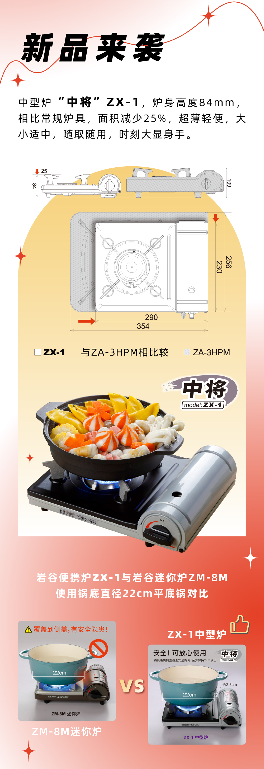 巖谷便攜爐ZX-1，爐身高度84mm，相比常規(guī)爐具，面積減少25%，
超薄輕便，大小適中，隨取隨用，時刻大顯身手。